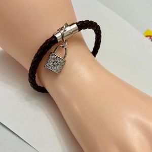 Brown Braided Leather Bracelet with Padlock Charm
